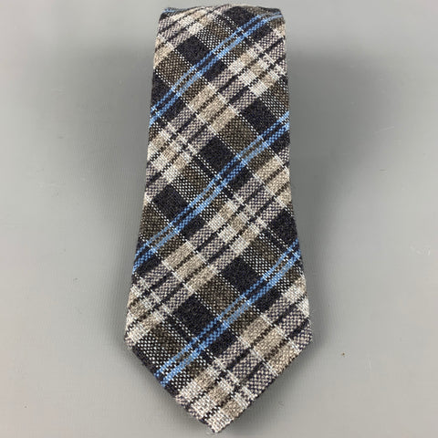 LUCIANO BARBERA Grey Blue Plaid Cashmere Tie