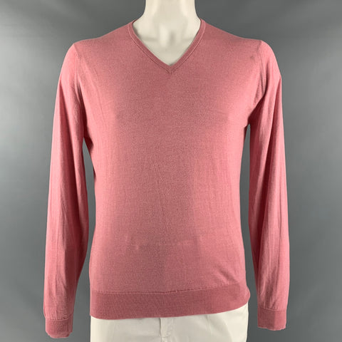 JOHN SMEDLEY Size L Pink Wool Cotton V-Neck Pullover