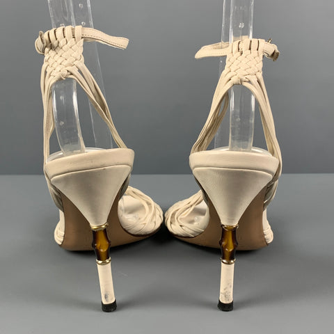 GUCCI Size 6.5 White Woven Leather Strappy Sandals