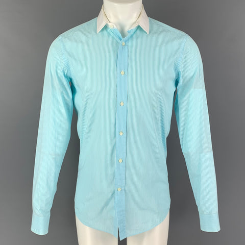 RALPH LAUREN Black Label Size S Aqua Stripe Cotton White Collar Long Sleeve Shirt