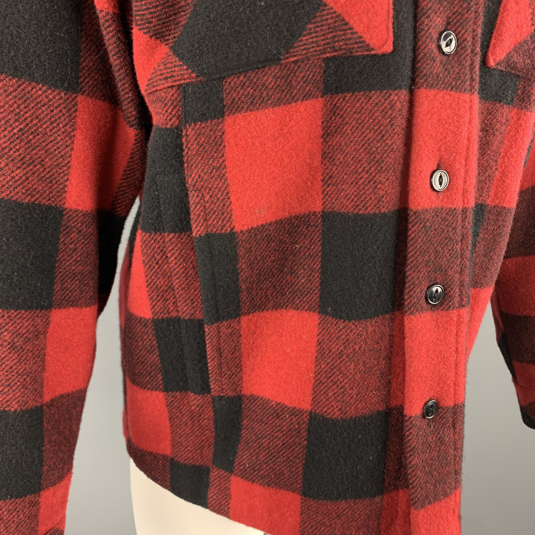 GANRYU Size S Red Plaid Wool Blend Patch Pocket Long Sleeve Shirt