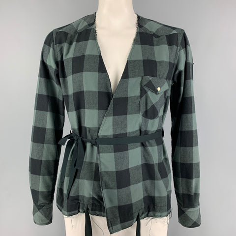 TAKAHIROMOIYASHITA The Soloist Size L Grey Black Checkered Cotton Blend Kimono Shirt