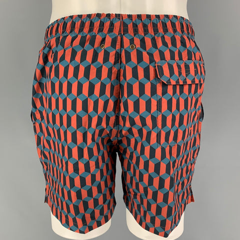 TIMO Size 30 Brick Black Blue Geometric Polyester Lined Swim Trunks