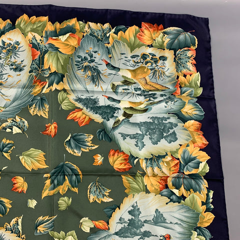 SALVATORE FERRAGAMO Navy Green Bird Print Silk Scarf