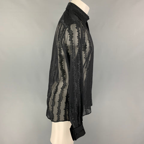 GUCCI by Tom Ford Spring-Summer 2000 Size M Black Zig Zag Silk Acetate French Cuff Shirt