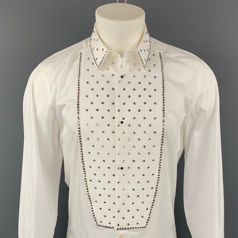 DOLCE & GABBANA Size M White Swarovski Applique Cotton Tuxedo Long Sleeve Shirt
