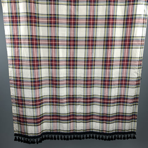 YVES SAINT LAURENT Cream Multi Color Plaid Taffeta Fringe Shawl