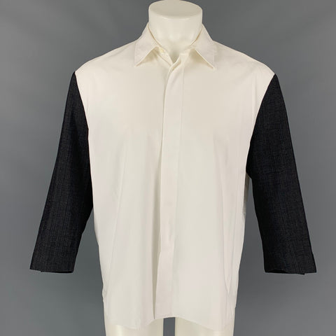 MARNI Size XS White & Charcoal Mixed Fabrics Cotton Button Up Long Sleeve Shirt