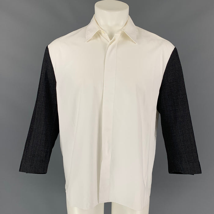 MARNI Size XS White & Charcoal Mixed Fabrics Cotton Button Up Long Sleeve Shirt