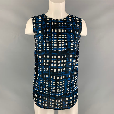 THAKOON Talla 2 Blusa de cuadros de seda / viscosa azul blanca