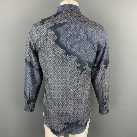 LANVIN Size M Navy & Blue Geometric Button Up Long Sleeve Shirt