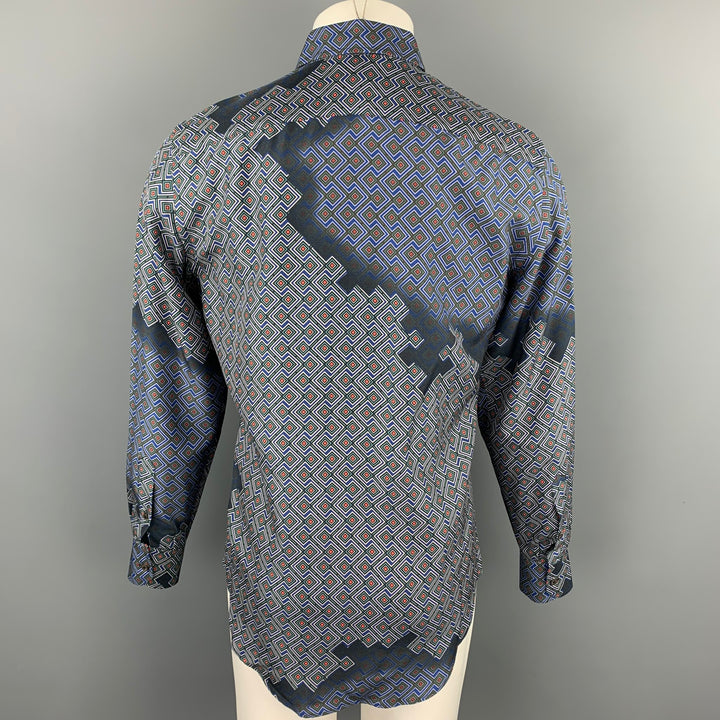 LANVIN Talla M Camisa de manga larga con botones geométricos azul marino y azul