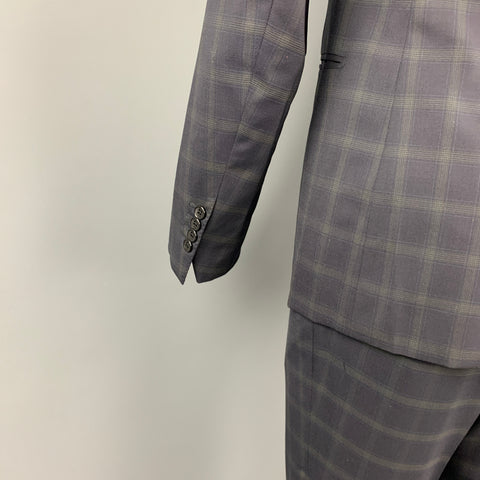 BELVEST Size 38 Regular Navy Window Pane Wool Notch Lapel Suit