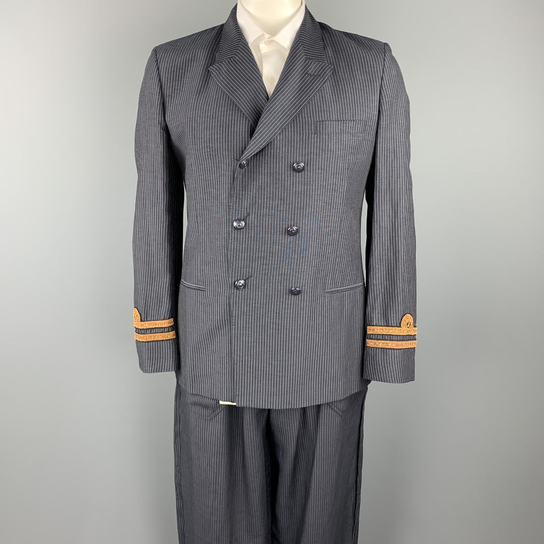 JEAN PAUL GAULTIER Size 40 Navy Pinstripe Linen / Mohair Double Breasted Suit