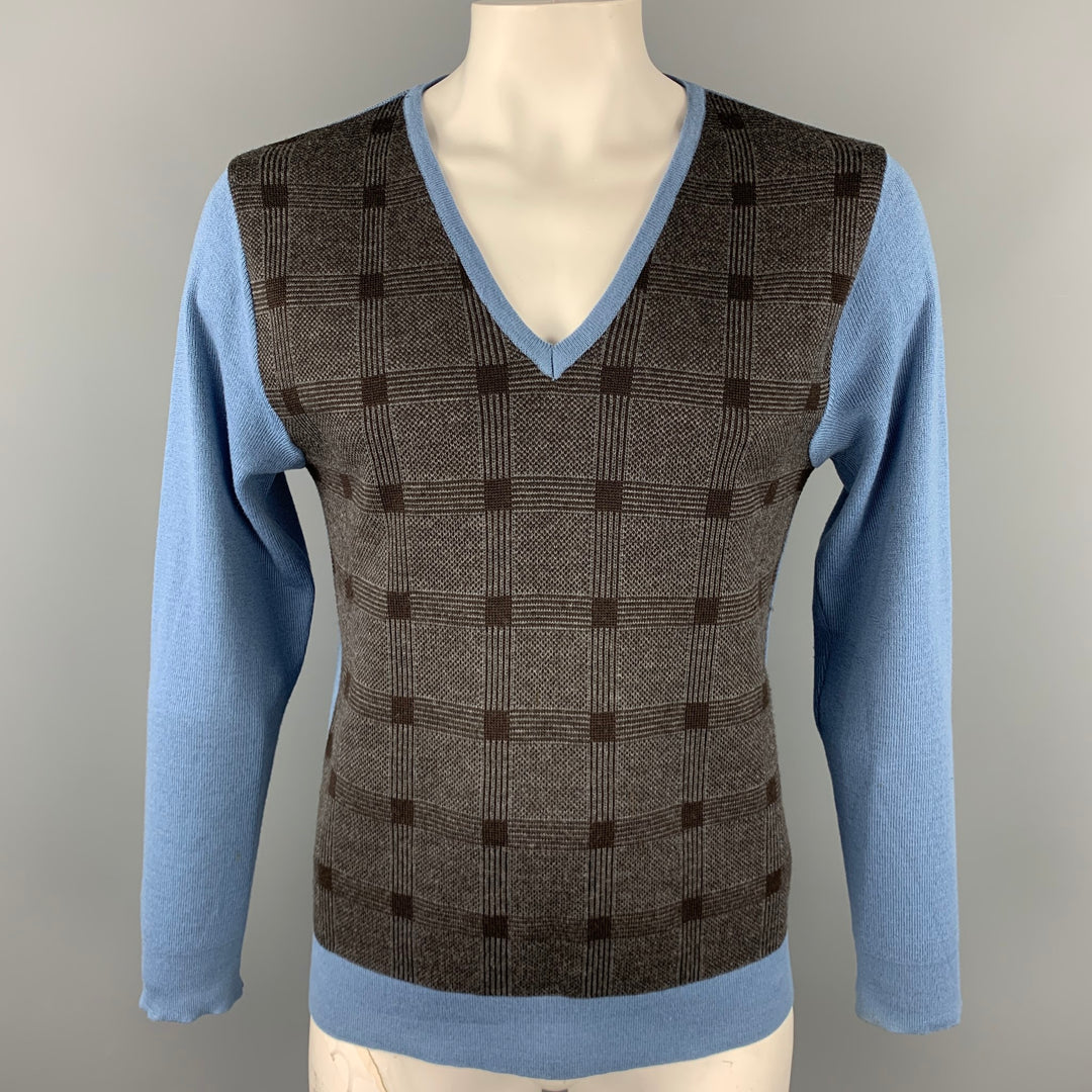 ETRO Size XL Blue & Charcoal Plaid Merino Wool V-Neck Sweater