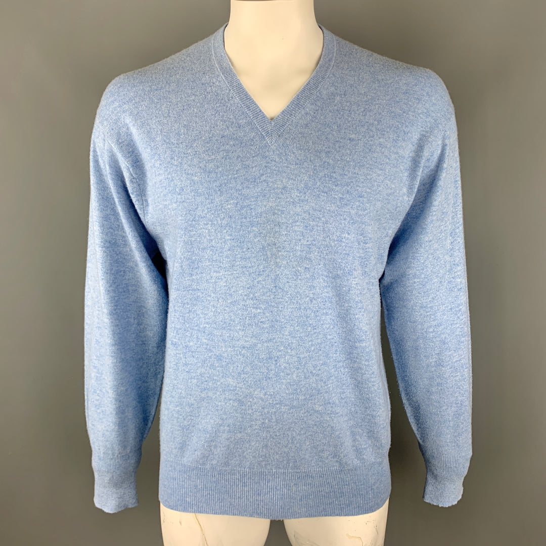 N. PEAL Size L Light Blue Knitted Cashmere V-Neck Pullover Sweater
