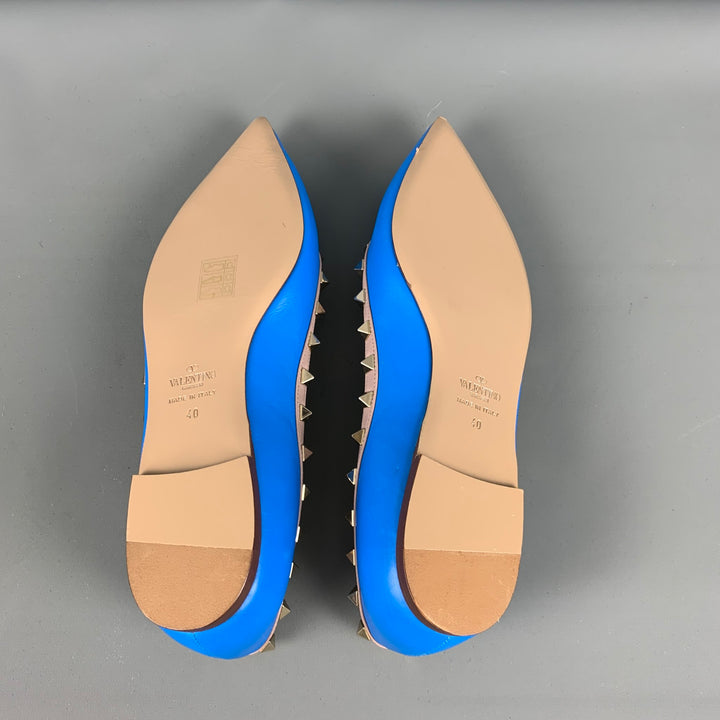 VALENTINO Size 10 Blue Nude Leather Contrast trim Flats