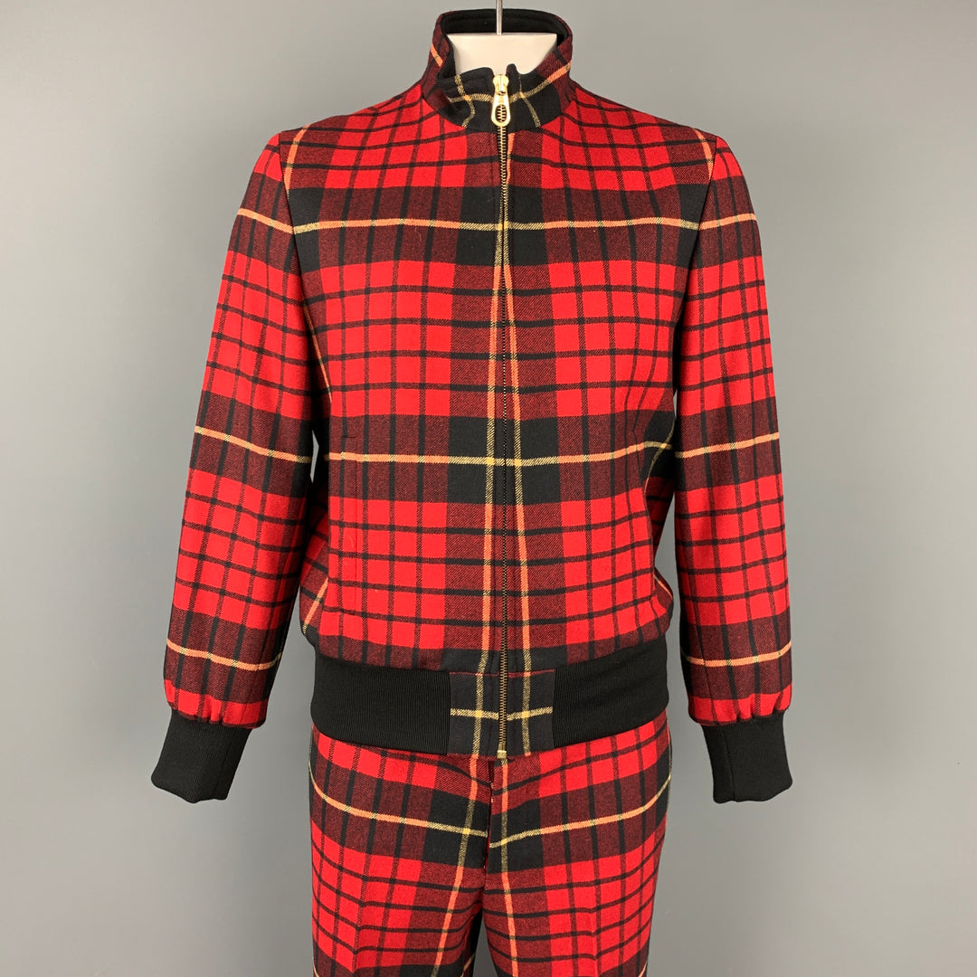 BLACK FLEECE Talla 44 Conjunto de chaqueta y pantalón de lana a cuadros rojos y negros con cremallera