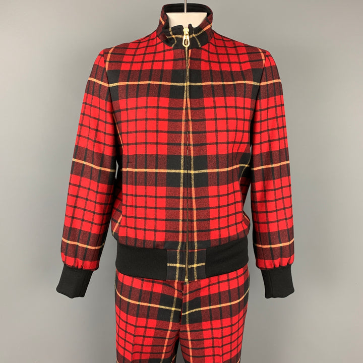 BLACK FLEECE Talla 44 Conjunto de chaqueta y pantalón de lana a cuadros rojos y negros con cremallera