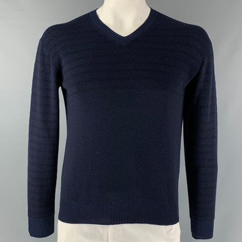 JUNYA WATANAB Talla L Jersey azul marino con cuello en V y mezcla de lana a rayas negras