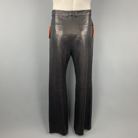 GIVENCHY Size 36 Black & Brown Leather Pleated Wide Leg Strap Pants