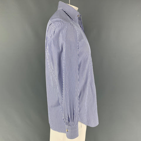KITON Size M White Navy Stripe Cotton Long Sleeve Shirt