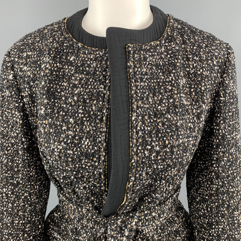 YVES SAINT LAURENT Size M Black Tweed Ziper Trim Collarless Jacket