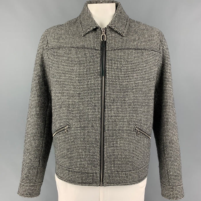 LANVIN Size 44 Black White Houndstooth Virgin Wool  Zip Up Jacket