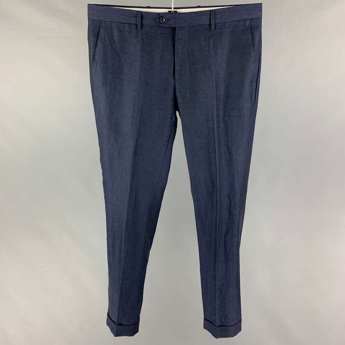 ETRO Size 34 Navy Linen Cuffed Dress Pants