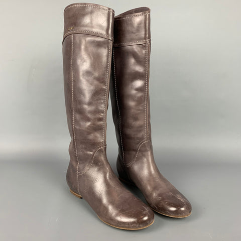 CHLOE Talla 8.5 Botas Julie hasta la rodilla con puntadas en contraste de cuero marrón
