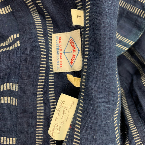 HOME RUN Size L Indigo & White Stripe Cotton Button Up Short Sleeve Shirt