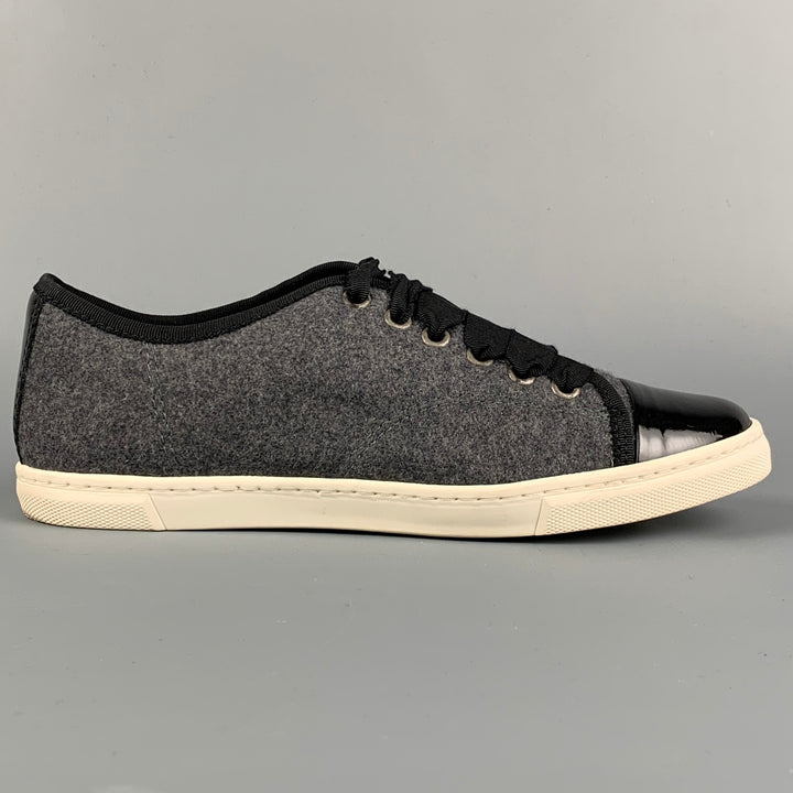 LANVIN Taille 7.5 Baskets à lacets en laine grise et noire avec bordure en cuir