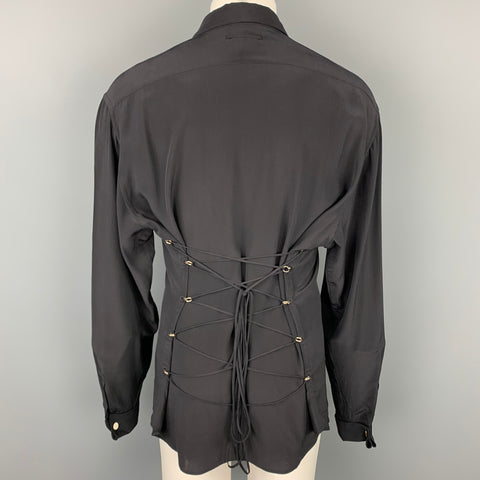 JEAN PAUL GAULTIER Size XL Black Silk French Cuff Corset Back Shirt