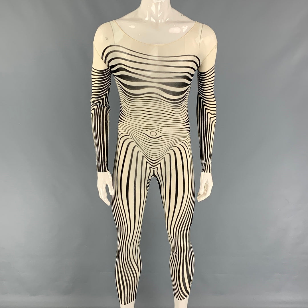 Vintage 1996 JEAN PAUL GAULTIER Size One Size Cream Black Stripe Stretch Tulle Bodysuit