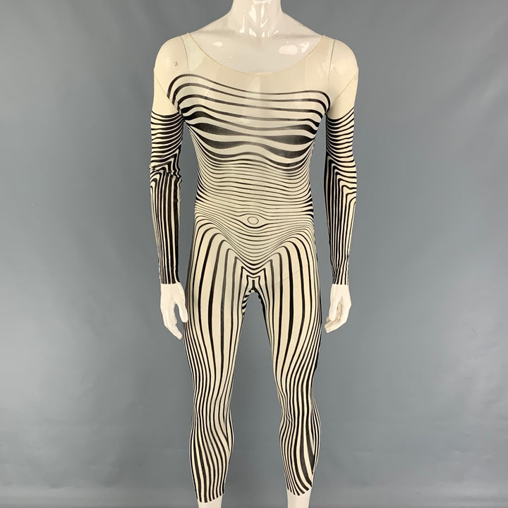 Vintage 1996 JEAN PAUL GAULTIER Size One Size Cream Black Stripe Stretch Tulle Bodysuit