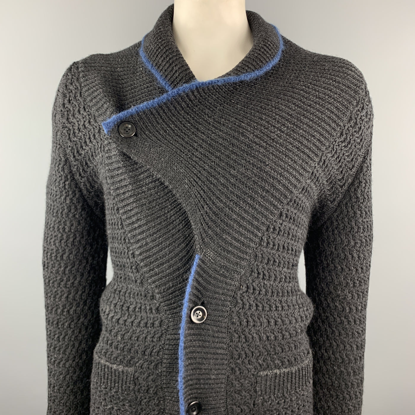 KAPITAL Size L Black Knitted Wool Shawl Collar Cardigan