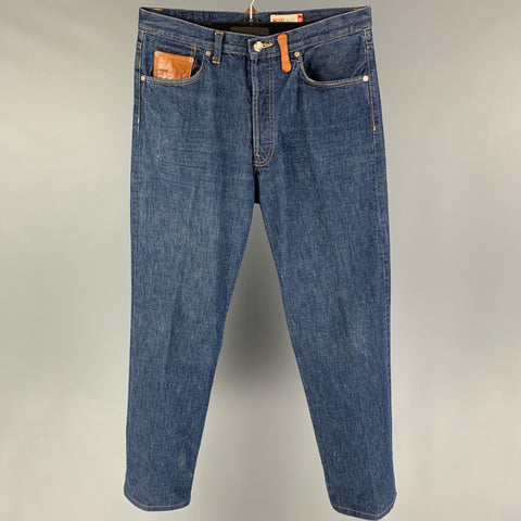 MASON'S Size 34 Blue Denim Leather Trim Jeans