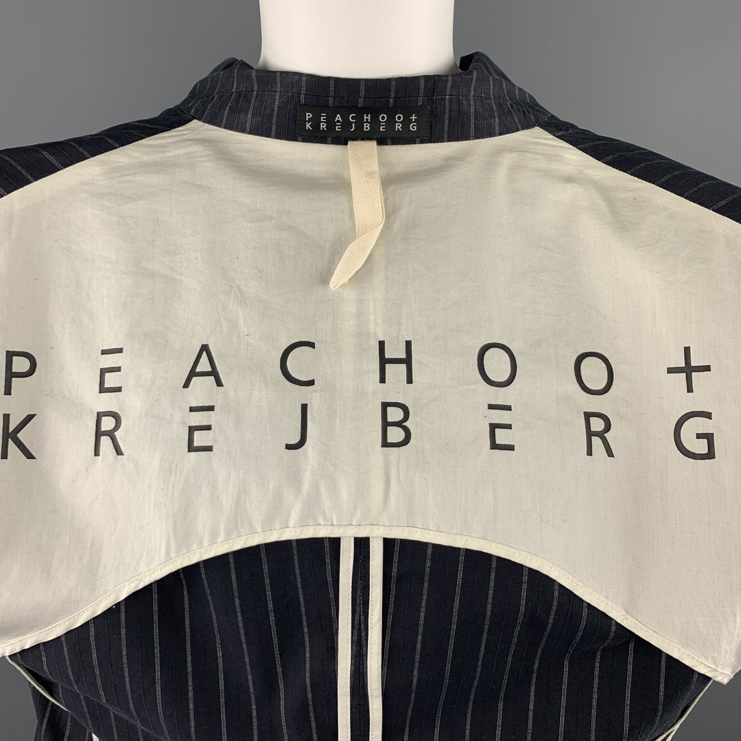 PEACHOO+KREJBERG Size L Navy Pinstriped Cotton Peak Lapel Blazer