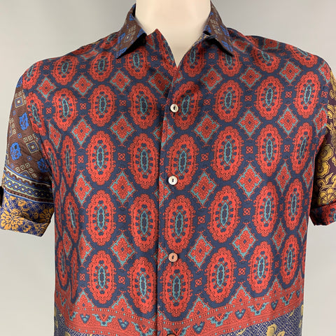 PIERRE-LOUIS MASCIA Size XL Navy & Burgundy Silk Camp Short Sleeve Shirt