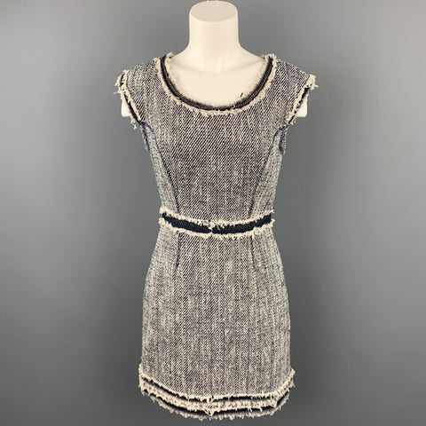 REBECCA TAYLOR Taille 4 Robe fourreau en mélange de coton boucle bleu et blanc