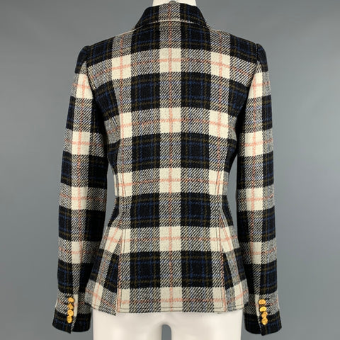 SMYTHE Size 8 Cream Black Wool Plaid Single Button Jacket