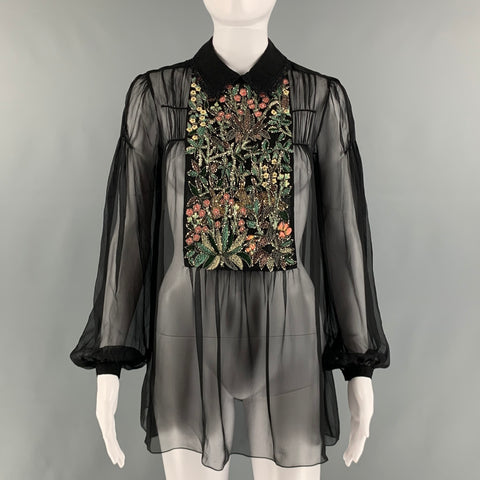 ALBERTA FERRETTI Size S Black Silk Sequined A-Line Blouse