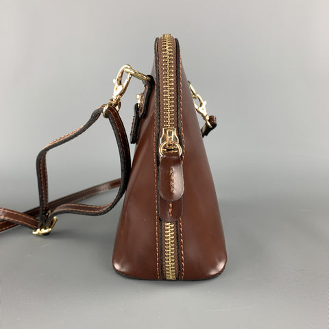 PRATESI Brown Leather Mini Gold Zipper & Plaque Square Crossbody Bag