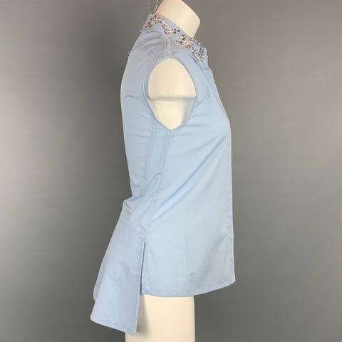 PACO RABANNE Size 2 Light Blue Poplin Cotton Beaded Collar Blouse