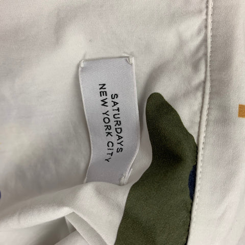 SATURDAYS NYC Size M White Olive Print Nylon Camp Short Sleeve Shirt