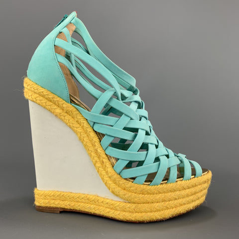 CHRISTIAN LOUBOUTIN 7 Turquoise Suede Woven Yellow Braided Platform Wedge Sandals