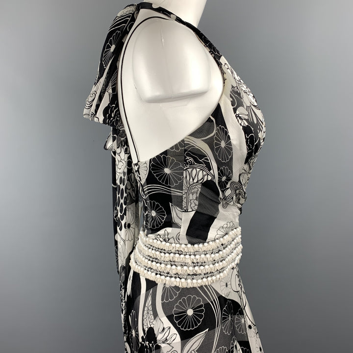 NAEEM KHAN Size 6 Black & White Floral Silk Beaded Halter Gown
