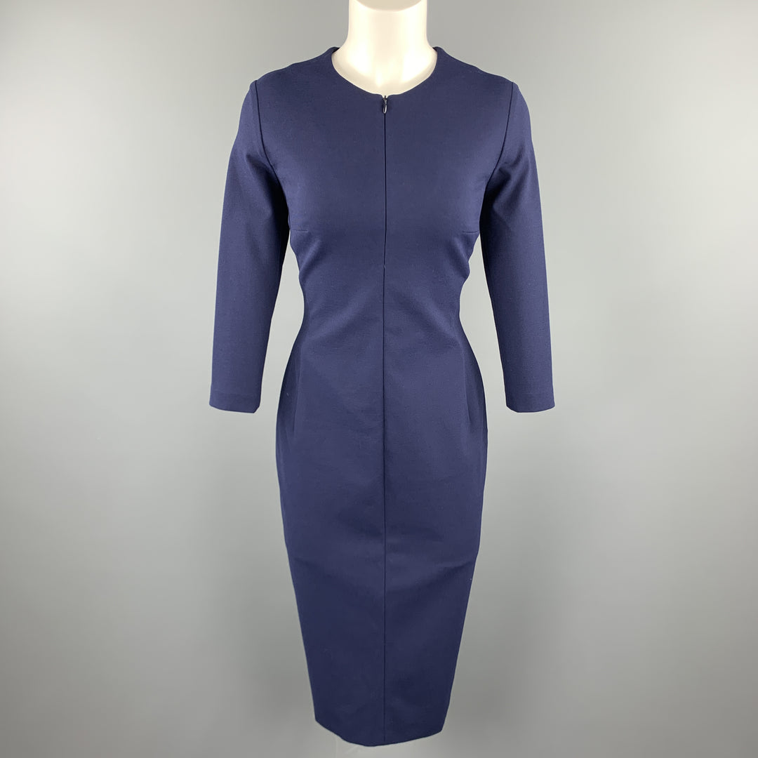 ESCADA Size 6 Deep Sea Navy Three Quarter Sleeve Sheath Lace Up Dress Sui Generis Designer Consignment ESCADA Size 6 Deep Sea Navy Three Quarter Sleeve Sheath Lace Up Dress Sui Generis Designer Consignment