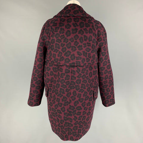 COACH Size M Burgundy Black Wool Blend Animal Print Double Breasted Coat