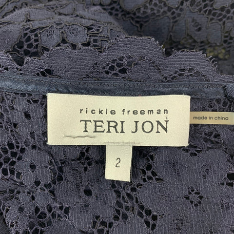 RICKIE FREEMAN for TERI JON Size 2 Navy Cotton Blend Short Sleeve Cocktail Dress
